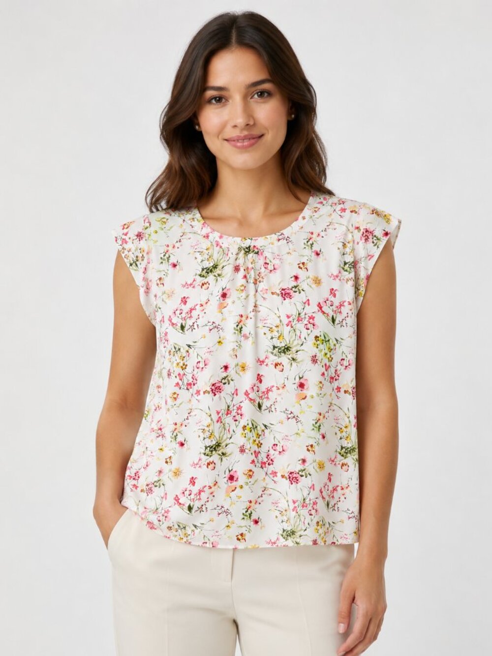 Pleione Floral Blouse Women’s Large White Pink Yellow Cap Sleeve Lightweight Top